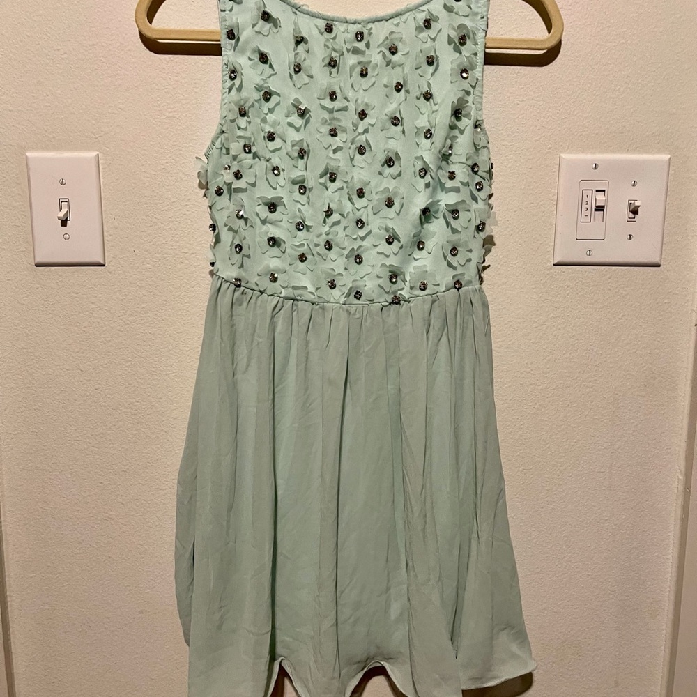 TFNC London Light Teal Flower Rhinestone Flounce Dress size Small
